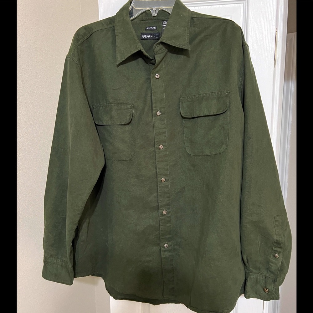Men’s Green Sueded Long Sleeve Button-down Shirt, L